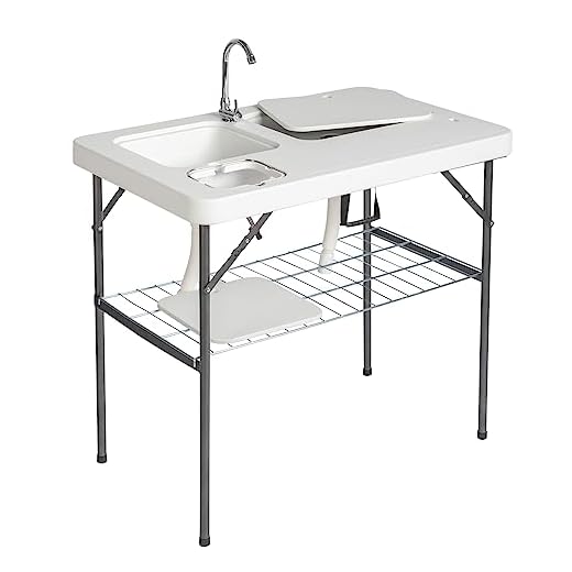 Outvita Fish Cleaning Table Folding Portable Camping Sink Table with Sink Faucet Drainage Hose/Outdoor Camping Table with Grid Rack & Knife Groove,Fish Fillet Hunting Cleaning Cutting Table,White