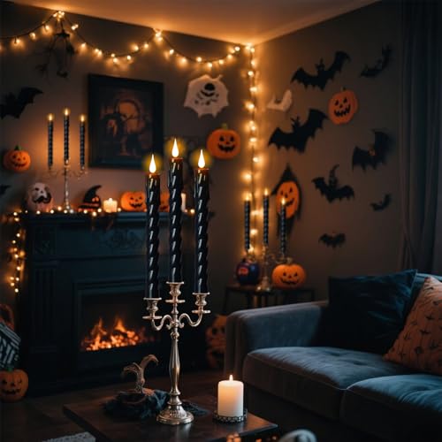 Image of Flickering Flameless Taper Candles with Remote and Timer, 2 Pack Battery Operated LED Taper Candles 3D Wick Plastic Dripping Effect Dinner Halloween Indoor Decor(Black, 0.78 inch D x 9.65 inch H)