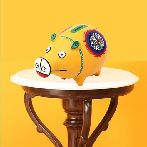 Image of Aakriti Art Creations Musturd Max Piggy Bank | Coin Bank Birthday for Boys and Girls | Hand Painted with Warli Art in Yellow Fabric Shade | Artistic Style Piggy Bank | Handcrafted Coin Bank
