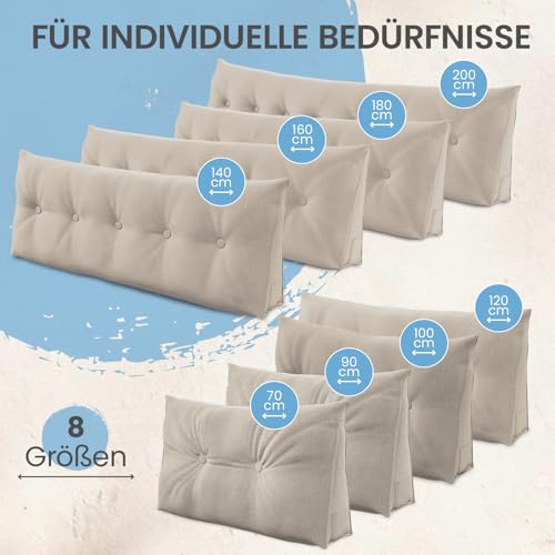 ELONEO Rückenkissen 180 cm breit, Keilkissen für Bett und Sofa geeignet, dreieckiges Lesekissen, Kissen mit abnehmbarem und waschbarem Bezug, mit praktischem Seitenfach