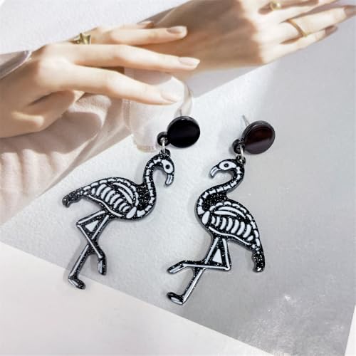 Unique Black Flamingo Skeleton Halloween Dangle Drop Earrings for Women Men Punk Animal Gothic Lightweight Dangling Round Disc Stud Hypoallergenic Fashion Party Jewelry Gift3