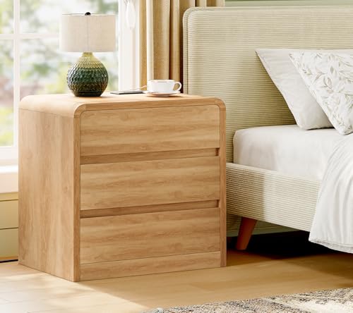 Image of TEENFON Nightstands Set of 2, Night Stand with 3 Storage Drawer and Charging Station, Modern End Tables Wide Night Stands for Bedroom Sofa Couch Home Office, Natural