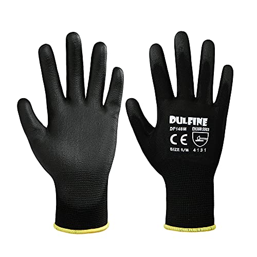Dulfine Ultra-Thin Pu Coated Work Gloves-12 Pairs,Excellent Grip,Nylon Shell Black Polyurethane Coated Safety Work Gloves, Knit Wrist Cuff,Ideal For Light Duty Work. (Small) #TOP1