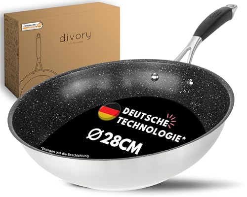 DIVORY Wokpfanne 28 cm I Antihaft beschichtete, Wok Induktion, für alle Herdarten I I Pfanne groß für Induktionskochfeld, Gasbrenner, Gasherd I spülmaschinengeeignet (ULTIME, 28cm)