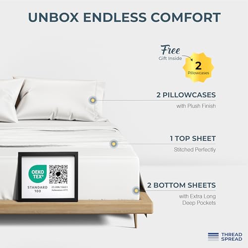 Image of THREAD SPREAD 100% Egyptian Cotton Split King Sheets Sets for Adjustable Bed - 1500 Series Split King Sheets (5 PC, White), Silky Soft, Sateen Weave, Cooling & Breathable, 17 inch Deep Pocket Bed Set