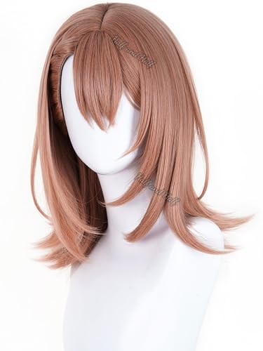 Image of Half and Half Orange Pink Anime Wig for Hanasato Minori Cosplay Shoulder Lenth Deep Rose Blonde Game Wig with Side Part Bangs for Women Halloween Party Daily