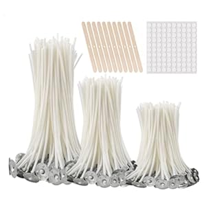 buluker300Pcs Functional Smokeless Candle Wicks,100pcs Wicks Sticker, Pre Waxed Cotton Wick with Metal Sustainer Tabs for Pillar Candle Making and Candle DIY, 9cm/3.5in,15cm/6in,20cm/8in