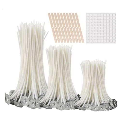 300Pcs Functional Smokeless Candle Wicks – Pre Waxed Cotton Wick with Metal Sustainer Tabs for Pillar Candle Making and DIY, 9cm/3.5in, 15cm/6in, 20cm/8in