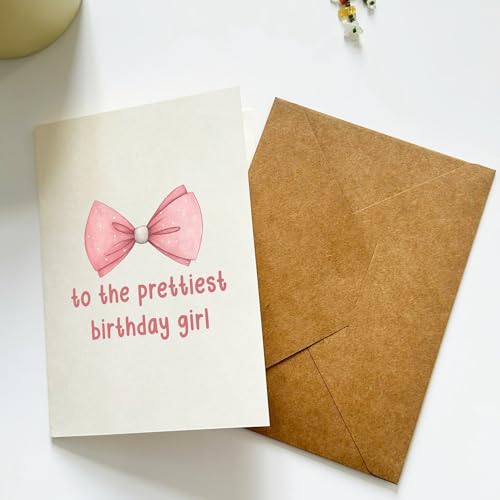 Tuadeca To the Prettiest Birthday Girl Birthday Card Blank Inside Meaningful Gift Pink Bowtie for Daughter Niece Granddaughter Cousin Little Sister Friend - Size 5x7 in