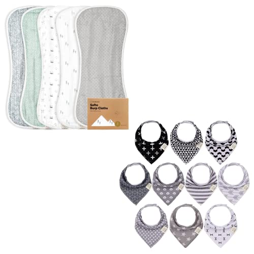 Image of KeaBabies 5-Pack Muslin Baby Burp Cloths and 10-Pack Baby Bandana Drool Bibs - Soft and Absorbent Burping Rags for Infant, Newborn, Drooling and Teething Bandana Scarf for Kids