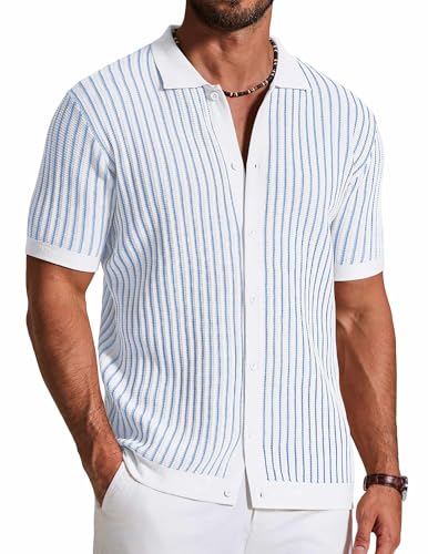 Image of COOFANDY Mens Knit Button Down Shirts Short Sleeve Polo Shirt Vintage Striped Casual Shirts