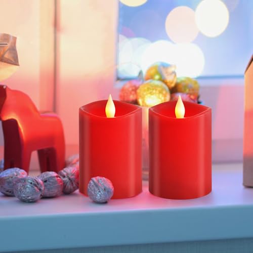 Image of 3″x4″ Flickering Flameless Candles Set of 2, 2AA Battery Life 600 Hours Battery Candles Flickering with Timer,4 inch Flameless Candles with Remote for Indoor /Outdoor, Red