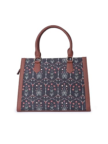 Image of ZOUK Printed Jute Handcrafted Vegan Leather Multicolor Women's Satchel Bag | Ladies Purse Handbag | Double Handle Detachable Strap