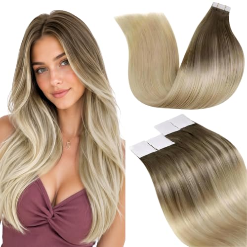 Image of LaaVoo Tape in Extensions Human Hair Ombre Brown to Ash Blonde Hair Extensions Tape in Seamless Tape on Hair Extensions Soft Straight Hair 20inch 50g 20pcs