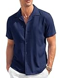 COOFANDY Mens Untucked Shirts Short Sleeve Button Down Shirt Summer Cuban Collar Shirt Navy Blue