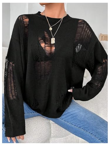 Women's Plus Size Distressed Sweater Hollow Out Crew Neck Ripped Sweaters Long Sleeve Knit Tops3