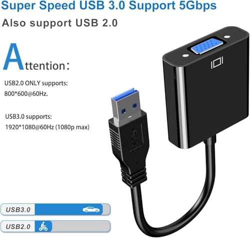 Image of USB to VGA Adapter for Monitor, VGA to USB 3.0 /2.0 Converter 1080P Multi-Display Video Cable for Laptop Desktop PC to Monitors, Projector, TV. (Windows 11 is not Supported,) (Black)