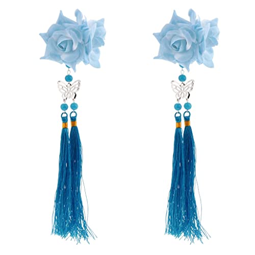 2pcs Tassel Flower Hair Clips Alligator Clip Hanfu Cosplay Hair Accessories - Lake Blue