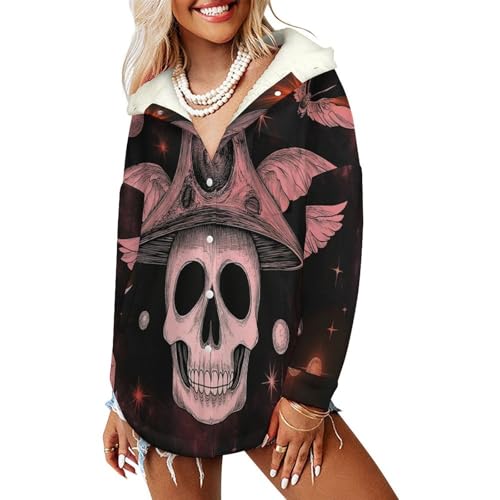 Veste polaire boutons femme visage de crâne manteaux chauds à capuche doublure sherpa rose