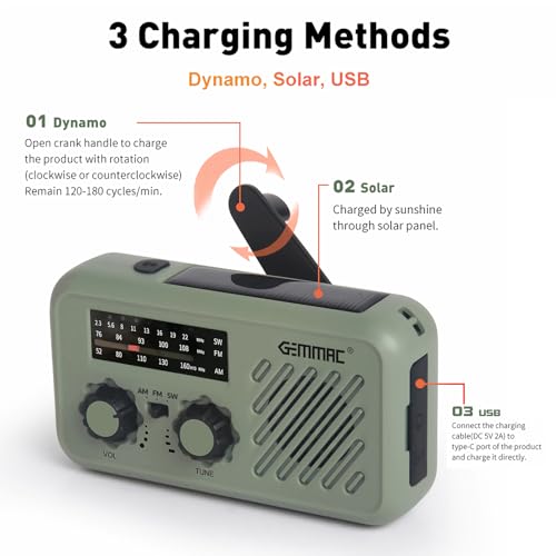 Radio de Emergencia Portátil, FM/Am Emergency Radio con Solar Recargable Radios de Dinamo con Manivela con Linterna LED y Luz de Lectura 2000mAh Powerbank SOS Alarma USB de Camping al Aire Libre - Imagen 4