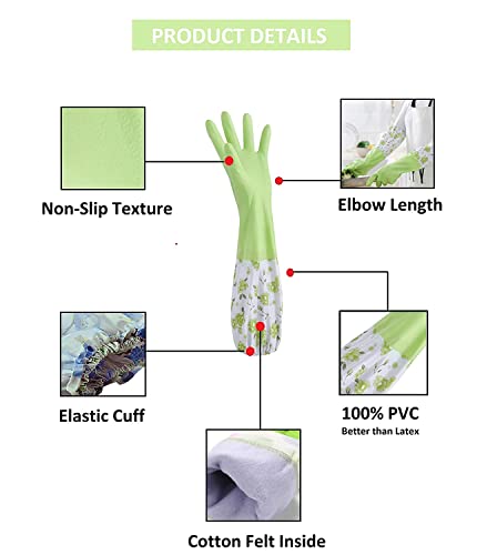 Image of Reusable Rubber Latex PVC Flock lined Long Sleeves elbow length Hand Gloves for Kitchen Dish-Washing, Cleaning, Gardening, Laundry and Sanitation and Lab Work (Long Elbow Gloves + Green)
