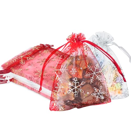 Image of YHJZ 50PCS Snowflake Organza Bags, 4x6 inches Small Christmas Gift Bags with Drawstring, Mesh Bags for Gift (Mixed Color)