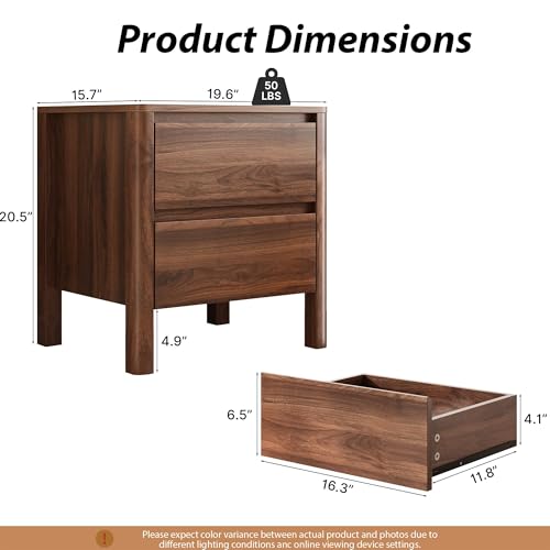 Image of MAISONARIA Walnut Nightstands Set of 2, Mid Century Modern Bedside Table with Hidden Handles and Wood Legs, Wooden End Table with 2 Drawers for Bedroom
