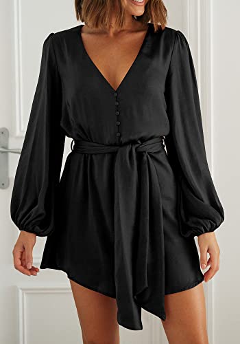 Prettygarden Women's Spring Long Puff Sleeve Satin Dress V Neck Cocktail Party Belted Short Formal Dresses (Black,Medium) #TOP1