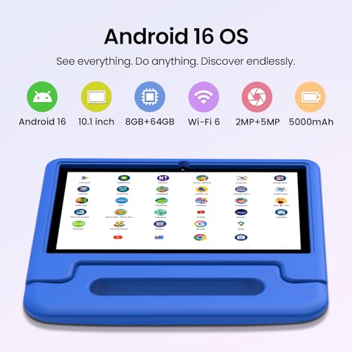 Image of ApoloSignage 2026 Android 16 Kids Tablet, 10 Inch HD Display, 8GB RAM, 64GB ROM (Expandable to 1TB), with Kids Space, Parental Controls, Long-Lasting Battery (Blue)