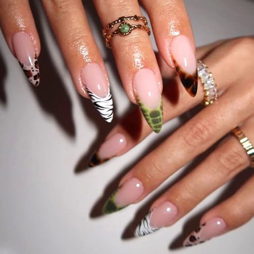 French Tip Press on Nails Almond Fake Nails with Animal Print Designs Leopard Zebra Tortoise False Nails Glossy Glue on Nails Acrylic Nails Full Cover Long Stick on Nails for Coquette Women 24Pcs