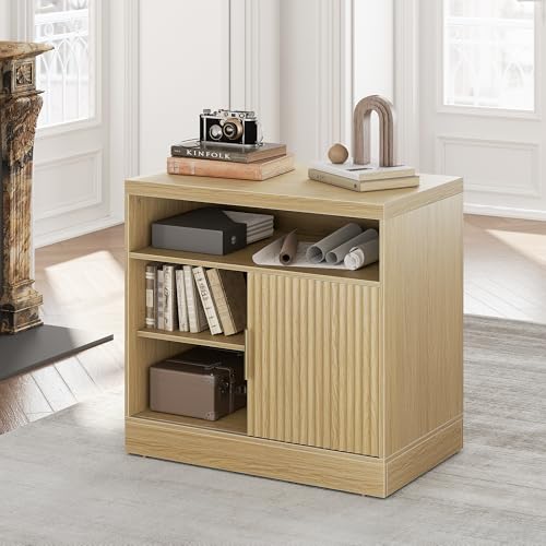 Perledesign Fluted File Cabinet with Door, 32'' Lateral File Cabinet with Open Adjustable Shelves, Wood Filing Cabinet with Sliding Door for Home Office, Light Walnut