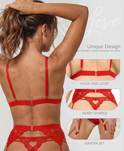 Image of RSLOVE Women Lingerie Set with Garter Belt | Heart Cutout Lace Design, Adjustable Fit, Soft Stretch Fabric, 3 Piece Romantic Lingerie Set