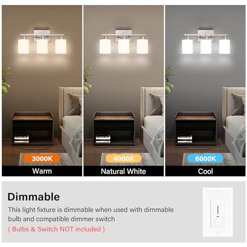 FonmYim Brushed Nickel Bathroom Light Fixtures, 3-Light Modern Vanity Light Over Mirror, Wall Sconces with Milky White Frosted Glass Shades, E26 Socket (Bulbs Not Included) by FonmYim - Image 6