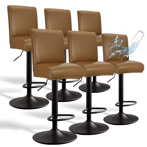 Image of PU Leather Bar Stool Covers with Backs, 6 Pack Stretch Waterproof Bar Stool Chair Covers Washable & Comfortable Barstool Covers Slipcovers with Back for Pub /Counter /Dining Room (Light Coffee)