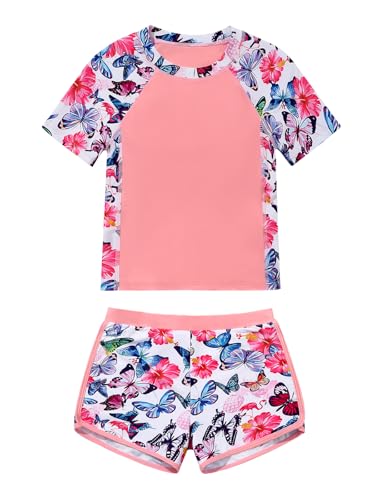 ESHOO Girls Rash Guard Swimsuit Kids 2-Piece Bathing Suit UPF 50+ Summer Beach Swimwear for Teen Girls Swim Shirt Shorts Set