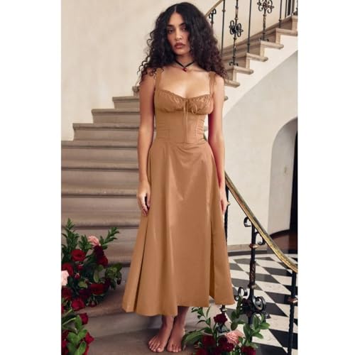 Image of Floral Corset Midi Dress Square Neck A Line Dress with Slit | Square neck floral midi dress with front tie bust wide straps A-line skirt side slit and lightweight fabric