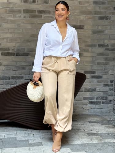 ZAFUL Women Casual Linen Pants Lightweight Drawstring Elastic Waist Lounge Beach Summer Pants with Pockets Apricot XXL2
