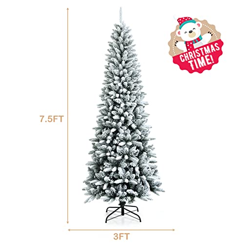 Happygrill 7.5Ft Snow Flocked Pencil Christmas Tree Hinged Slim Artificial Xmas Tree With 1189 Branch Tips, Metal Stand, Skinny Realistic Christmas Tree For Festival Celebration #TOP7