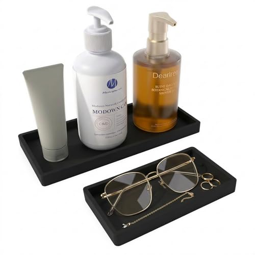 Vassoio da bagno in silicone, 20x10 cm + 30x12,5 cm per il serbatoio del WC, vassoi da cucina, rettangolare, antiscivolo, facile da pulire e infrangibile, per profumi e cosmetici (Nero)