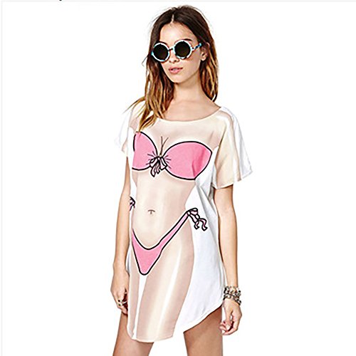 JEYKAY Lady's Cute Bikini Print Cover Up T-Shirt Loose Long Dress2