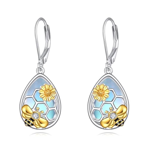 Image of LUHE Bee Earrings for Women 925 Sterling Silver Bumble Earrings with Honeycomb Honeybee Jewelry Dangle Gifts for Women