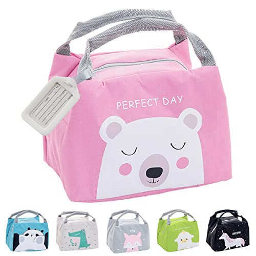 Hillylolly Bolsa Térmica Almuerzo Niños, Encantador Bolsa Almuerzo Infantil Termica, Bolsa Nevera Pequeña Infantil Plegable, Bolsa de Almuerzo Impermeable, Bolsa Impermeable Comida Trabajo (Rosa)