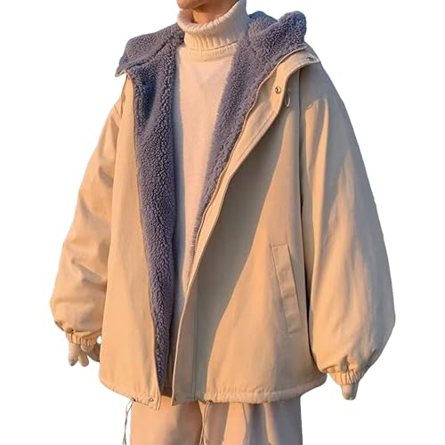 DGHM-JLMY Mens Winter Softshell Hooded Coat Fashion Fleece Sherpa Lined Jacket Insulated Thermal Snowboard Parka Jacket (Medium,Apricot)