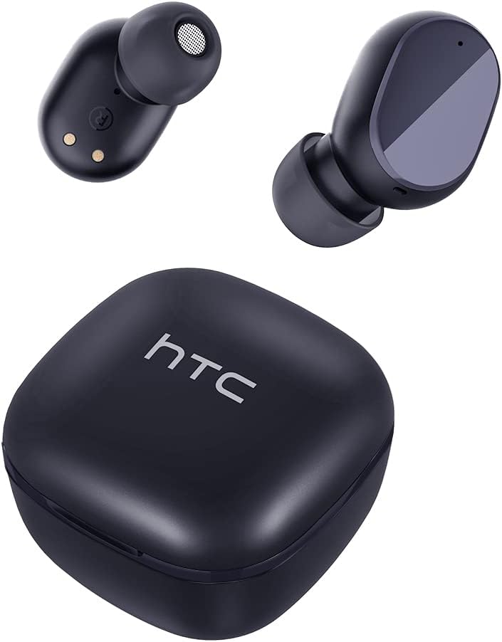 Image of the HTC TWS6 wireless earbuds and their charging case.
