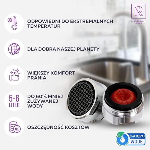 Aerator wody do kranu M24 z chromowanego mosiądzu – napowietrzacz z filtrem zapobiegającym powstawaniu kamienia – oszczędzaj do 5% wody i energii – przepływ wody 5 l/min