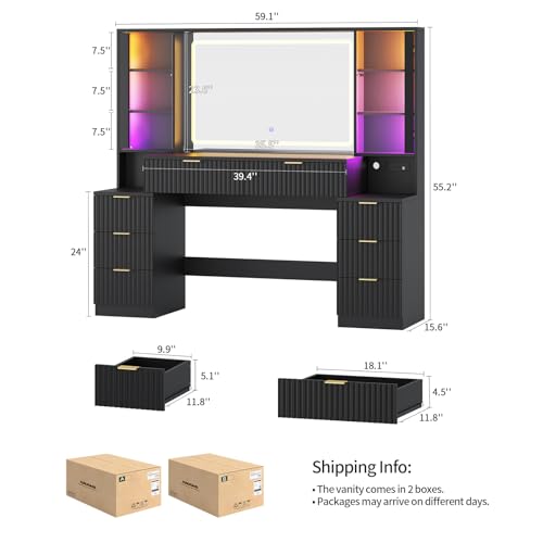 Image of Big Vanity Desk, Fluted Makeup Vanity with Mirror Lights, Black Vanities