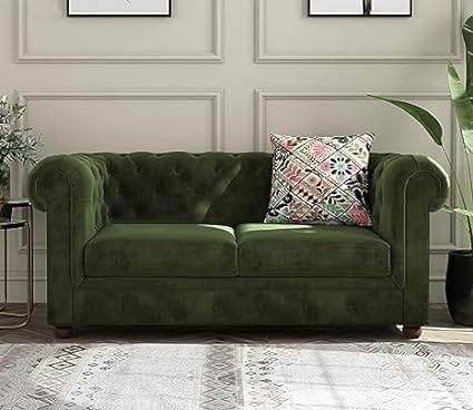Image of Solid Wood Velvet Fabric L Shape Sofa Sofa for Living Room Button Tufted Sofa Chair for Home & Office (Left Aligned L-Shaped (2 Seater Green)