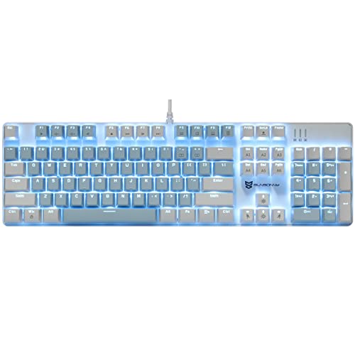 Image of Merdia Full Size Wired Mechanical Gaming Keyboard | Blue Switch Led Backlit 104 Keys US Layout Mechanical Computer Keyboards | Hot Swappable Blue & White Keycaps Light Up PC Gaming Keyboard
