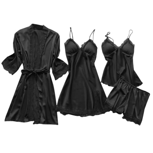 Pyjama femme satin 5 pièces noir XL avec nuisette et short