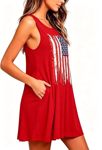 Image of Roshop Womens Juneteenth Flag Sleeveless Dress 4th of July Patriotic Swing Sundress with Pockets